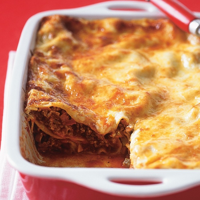 Homemade lasagna, golden and bubbling